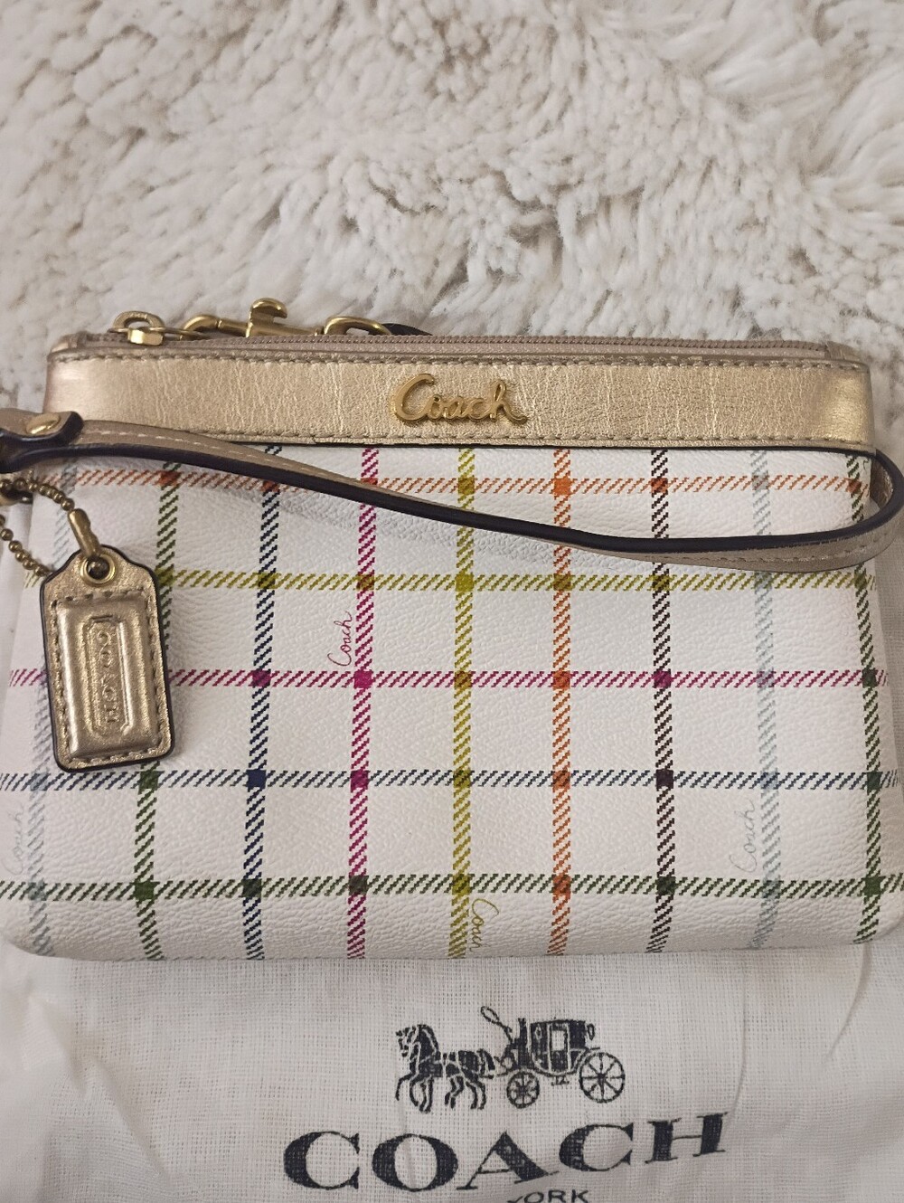 Coach Gold Trim White Plaid Wristlet with Multicolor Stripes